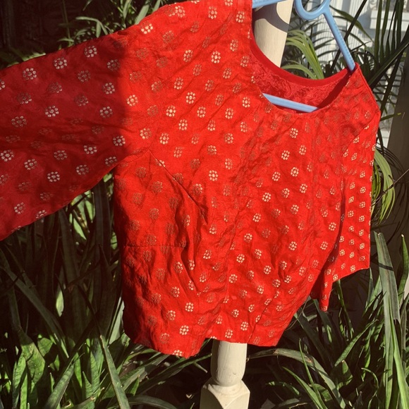 FIERY RED saree blouse with golden thread work. Full back. Zips on sides. - Picture 3 of 9